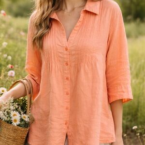 Choices XL 100% Linen Pintuck Button Front Orange Blouse 3/4 Sleeve Boho Coastal